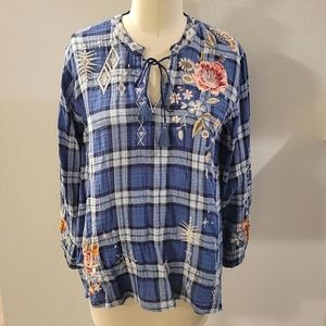 Johnny Was Blue Relaxed Tunic with Tie Front